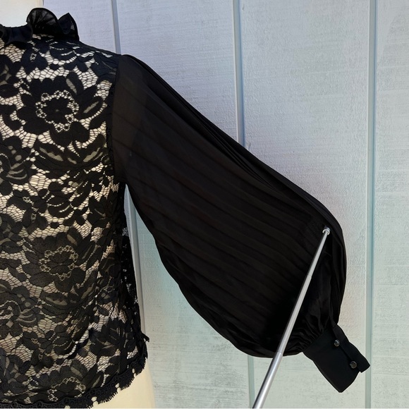 Story On Pleated Sleeve Lace Blouse Top Sheer Black See-Through - Picture 7 of 11